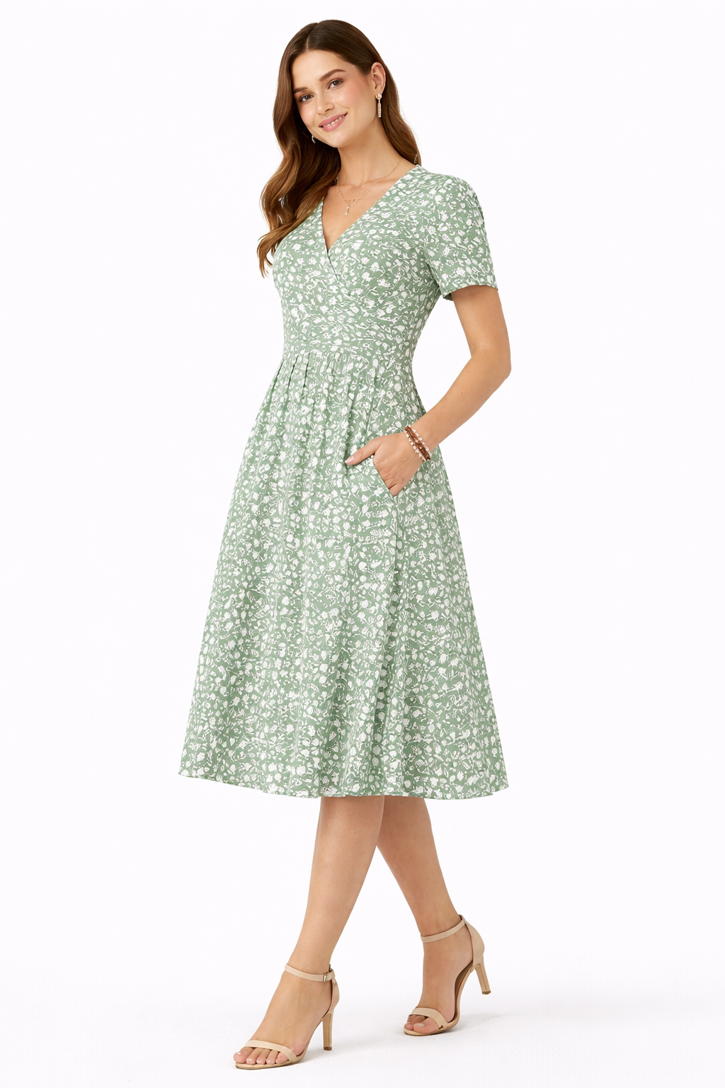 Vestido cruzado de manga corta con estampado floral sutil ideal para un look fresco y elegante Laura