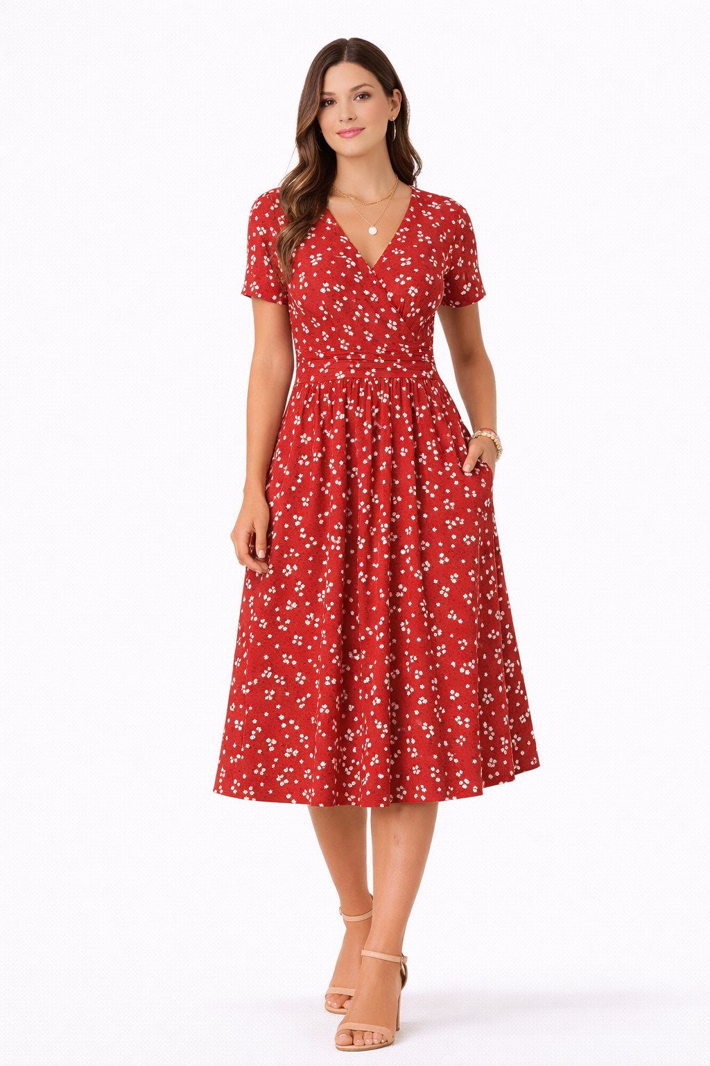 Vestido cruzado de manga corta con estampado floral sutil ideal para un look fresco y elegante Laura