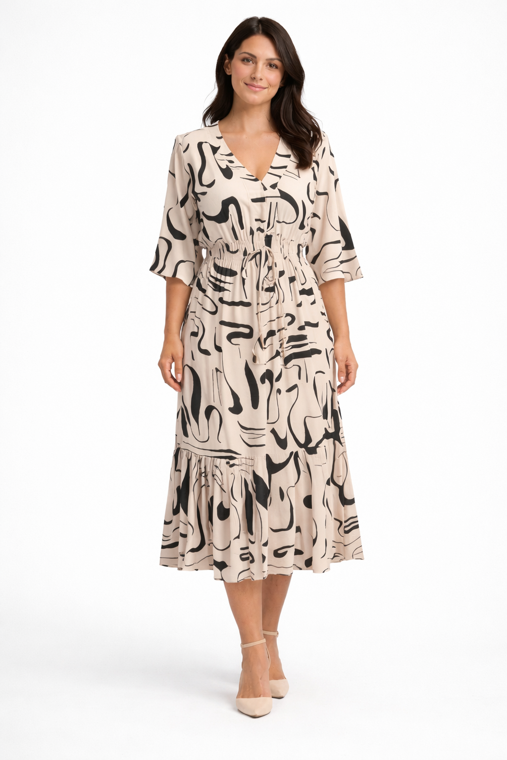 Vestido con cuello en V y estampado de tinta en la cintura Luci
